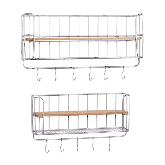 Set of 2 Silver Metal Basket &#x26; Wooden Wall Shelf Units With Hooks